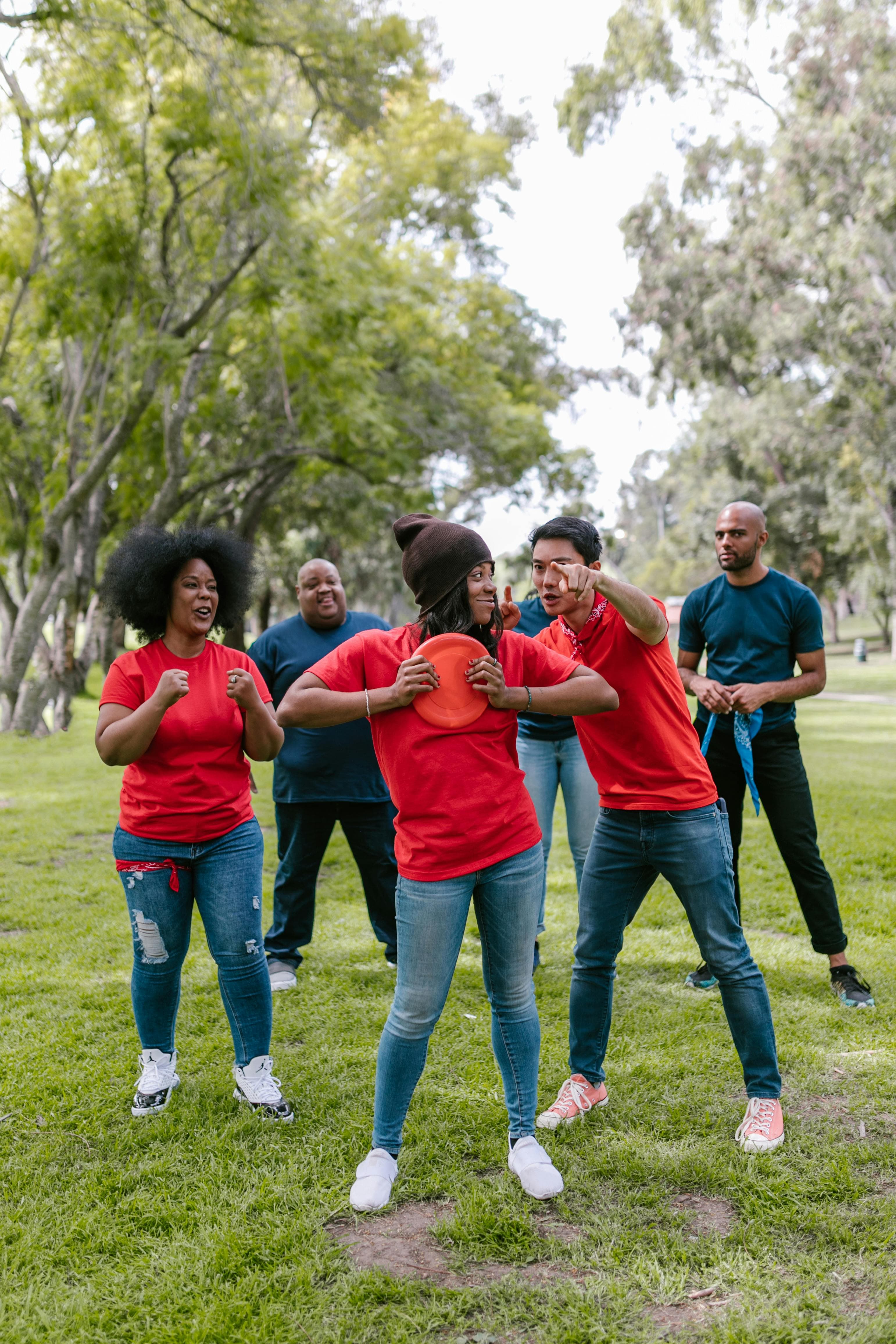 Corporate team members competing in an activity together